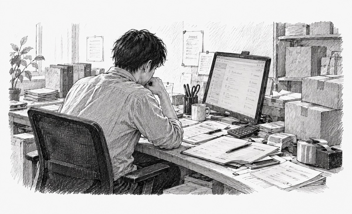 書類と段ボール箱に囲まれたデスクで、管理画面を見つめる人の後ろ姿
